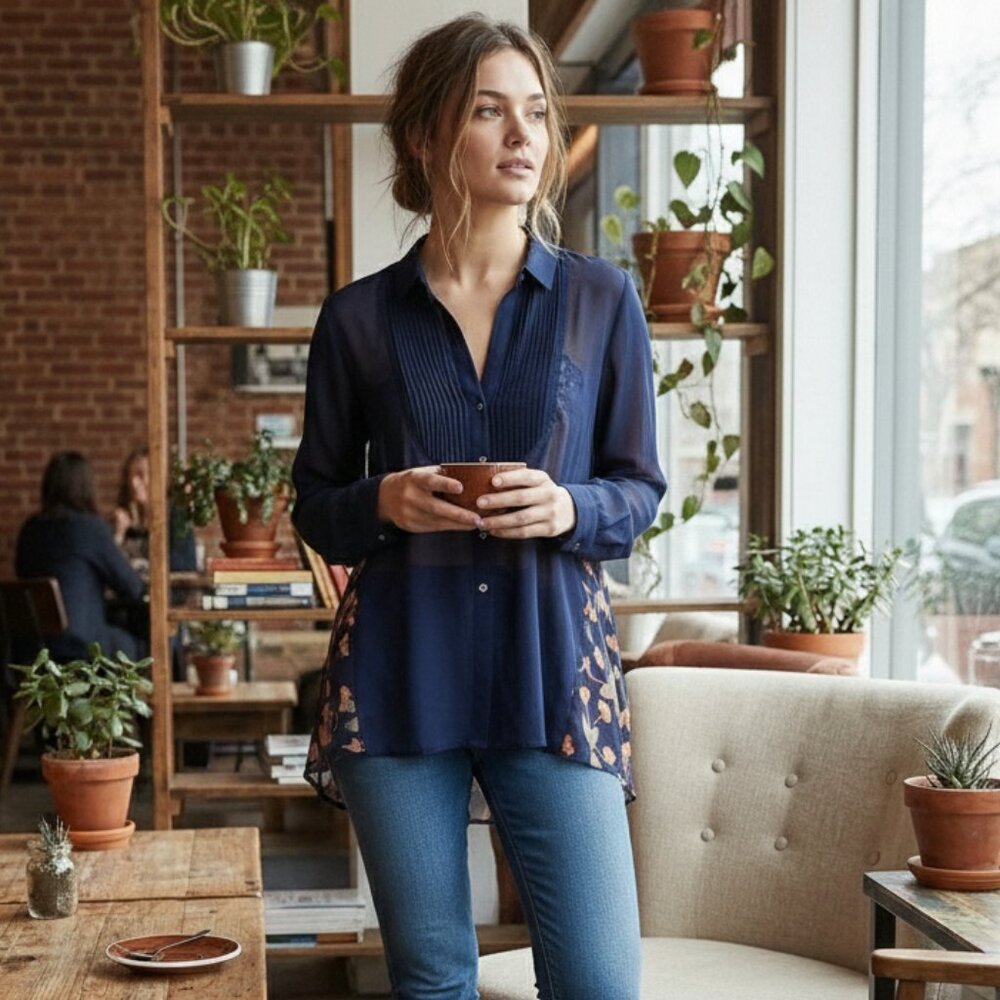 NWOT Anthropologie Maeve Floral High-Low Sheer Pintuck Tunic 4